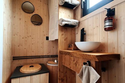 Tiny House haras Normand - 20 minutes d'Étretat的木墙上带水槽的浴室