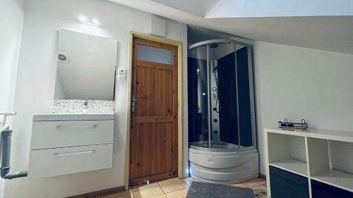 因斯科Apartament Pod Kasztanami - ZIELONY的带淋浴、卫生间和盥洗盆的浴室