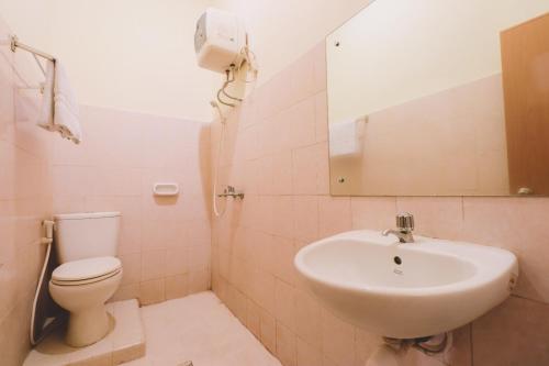 棉兰PIA Hotel Medan的一间带水槽、卫生间和镜子的浴室