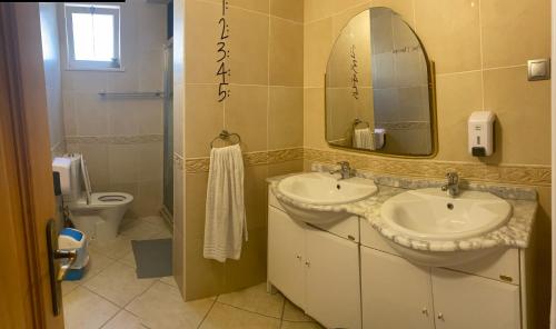 拉戈斯拉各斯码头旅馆的浴室设有2个水槽、镜子和卫生间。