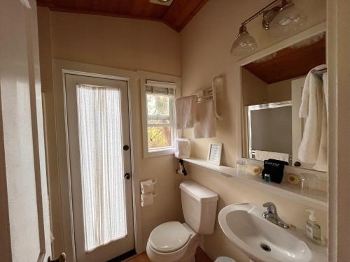 LopezLopez Farm Cottages & Tent Camping的一间带卫生间、水槽和镜子的浴室