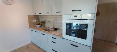 斯图托沃Apartament Garden AiR的白色的厨房配有炉灶和水槽