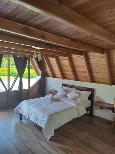 圣奥古斯丁Cabañas Amalú的一间卧室设有一张带木制天花板的大床