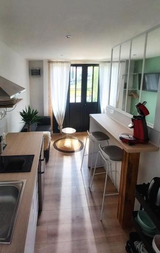 梅里尼亚克Charmant T1 meublé的厨房以及带桌椅的起居室。