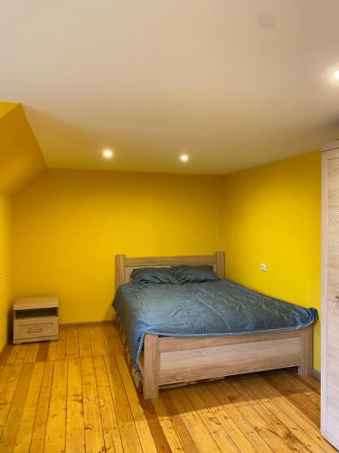 萨尔杜斯Aņutas flat的卧室配有一张黄色墙壁上的床