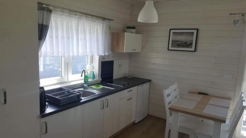 萨比诺瓦Domki Ewa的厨房配有水槽、桌子和窗户