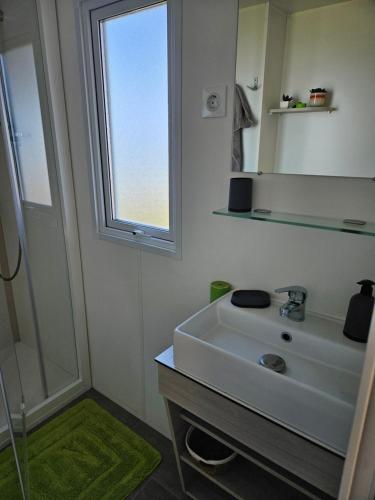 卢米奥Mobilhomme LECCI 3 CHAMBRES AVEC VUE MER EXCEPTIONNELLE的一间带水槽和镜子的浴室以及窗户。