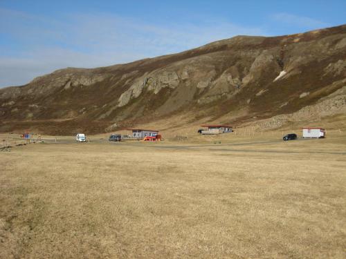 Vopnafjörður阿斯布兰斯塔迪度假屋的山前有车停放的田野