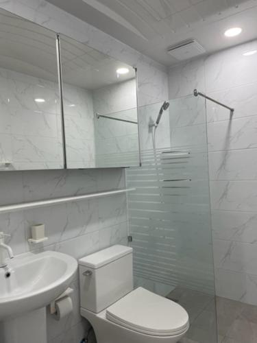 San RoqueMariana Suites的浴室配有卫生间、淋浴和盥洗盆。