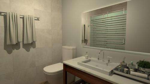 洛斯莫奇斯Country Place Hotel的一间带水槽、卫生间和镜子的浴室