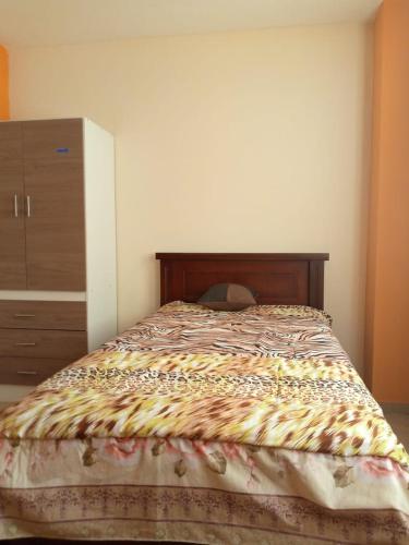 里奥班巴Sun Habitacion Privada的一间卧室配有一张带梳妆台和床罩的床。