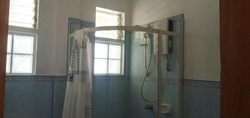 锡基霍尔Casa James Apartment, Rooms , Pool and Restaurant的带淋浴和浴帘的浴室