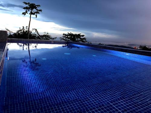 塞罗阿苏尔Villa La Vista of Panama City and magestical mountains from infinity pool的一个大型蓝色游泳池,后面有树