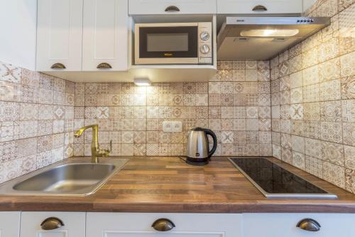 基辅Scandinavian Apartments的厨房配有水槽和微波炉