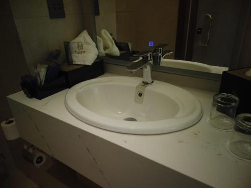瓦迪穆萨H Luxury Hotel的浴室的柜台设有水槽和镜子