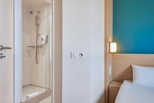 蒙德马桑Kyriad Direct Mont De Marsan - St Avit的带淋浴和床的酒店客房
