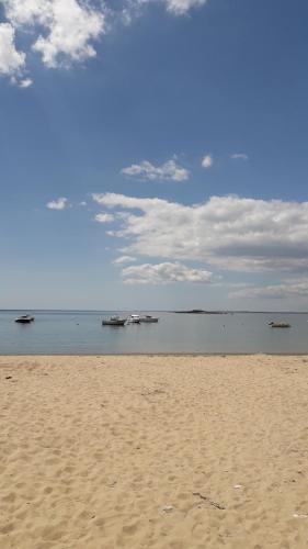 佩内斯坦Mobil-home dans camping calme的沙滩上,有船在水里