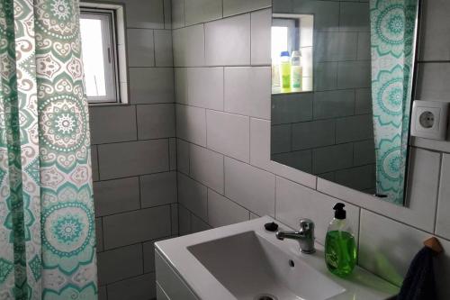 Praia da GraciosaCasa dos Fenais的浴室设有水槽、镜子和浴帘