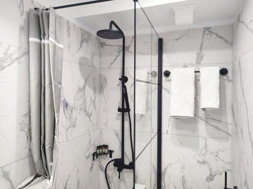 普雷韦扎Palmeira Studio的带淋浴的浴室,拥有白色的大理石墙壁