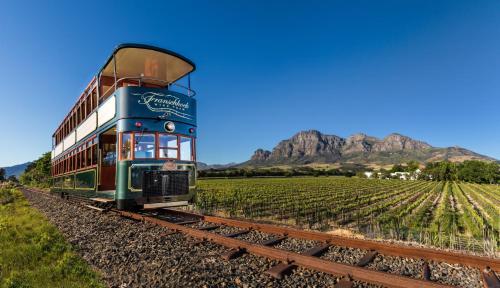 弗朗斯胡克The Franschhoek Stargazing Dome的葡萄园旁的火车