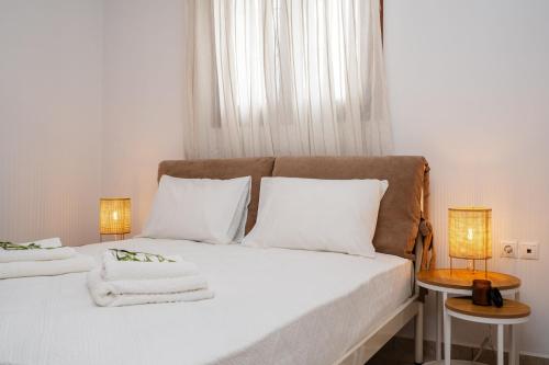 米科利维亚Orkos Naxian Wave 3的一间卧室配有两张带白色床单和两盏灯的床。