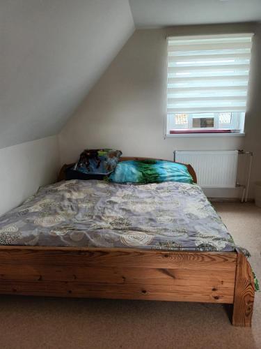 AizkraukleDOM614的一间卧室配有一张木床和窗户