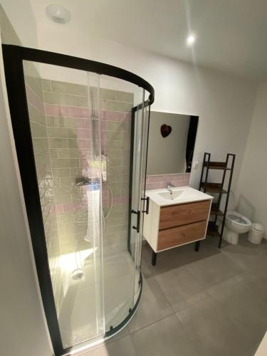苏亚克Vacances Vallée de la Dordogne的带淋浴、盥洗盆和卫生间的浴室