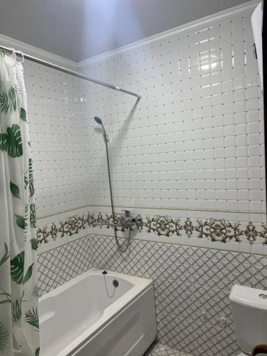 希瓦Ancient Khiva Apartment的带浴缸和卫生间的浴室。