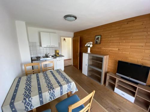 阿特湖畔努斯多夫Appartmens am Attersee Dachsteinblick的小房间设有床和厨房