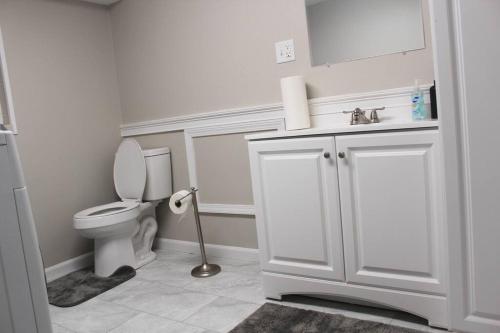 托莱多NEW Bright & Modern 3BR// Conveniently Located//Toledo Stones Throw的白色的浴室设有卫生间和水槽。