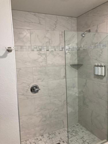 RidgwayElker Inn & Suites的浴室内带玻璃门的淋浴间