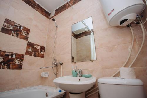 库斯塔奈1-комнатная квартира в центре на Аль-Фараби 93的一间带卫生间、水槽和镜子的浴室