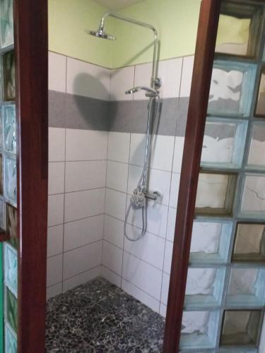 乌图罗阿Fare Tapu的浴室铺有白色瓷砖,设有淋浴。
