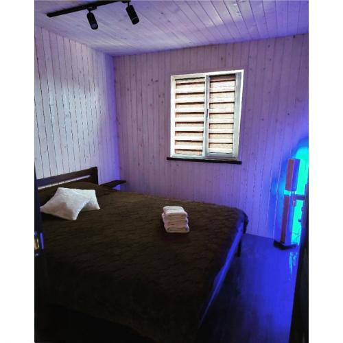 卡缅涅茨-波多利斯基Садиба Герасімових的紫色客房内的一间卧室,配有一张床