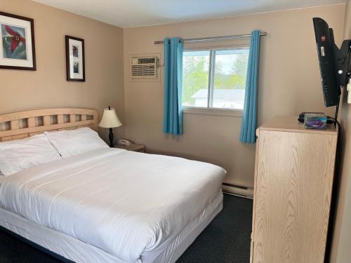 克雷斯顿斯基摩霍恩酒店的一间卧室配有床和蓝色窗帘的窗户