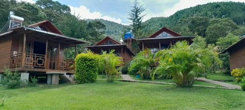 奥克萨潘帕Chontaqui Eco-Lodge的度假庭院中的几栋小屋