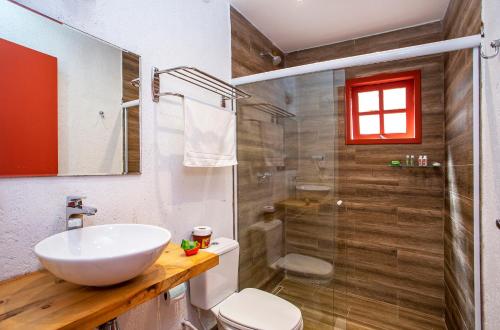 蒙特韦尔迪Pousada Vila Suiça - Monte Verde的一间带水槽、卫生间和淋浴的浴室