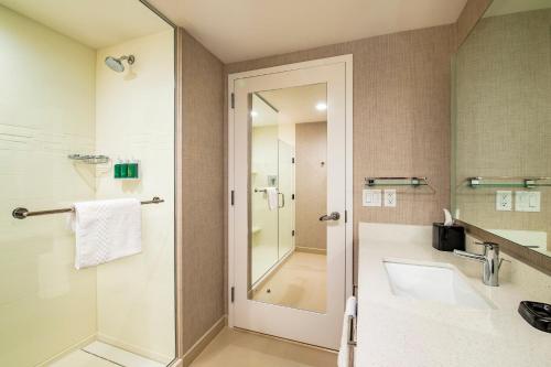 休斯顿Residence Inn by Marriott Houston Medical Center/NRG Park的带淋浴和盥洗盆的浴室
