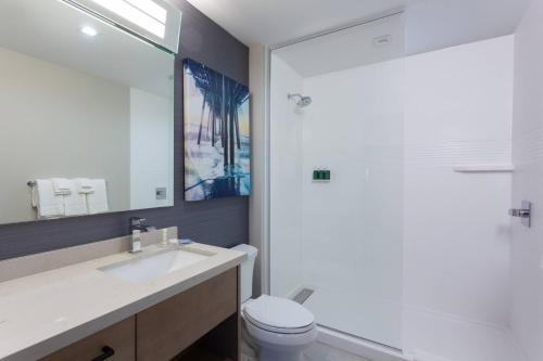圣地亚哥TownePlace Suites by Marriott San Diego Central的一间带水槽、卫生间和镜子的浴室