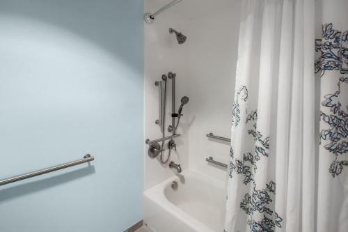 波特兰波特兰市区利弗普雷斯原住客栈的浴室配有淋浴帘和浴缸。