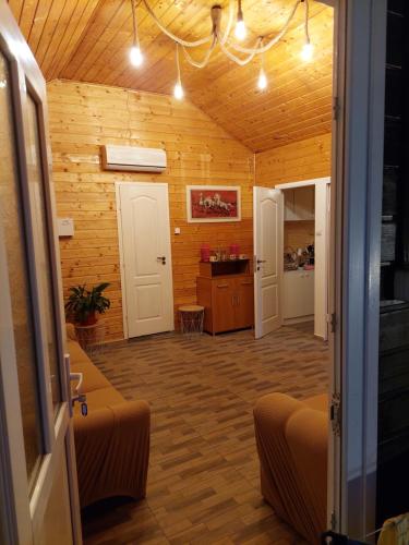锡比乌盐矿镇Cabana Oprișor的客厅设有木镶板墙和走廊