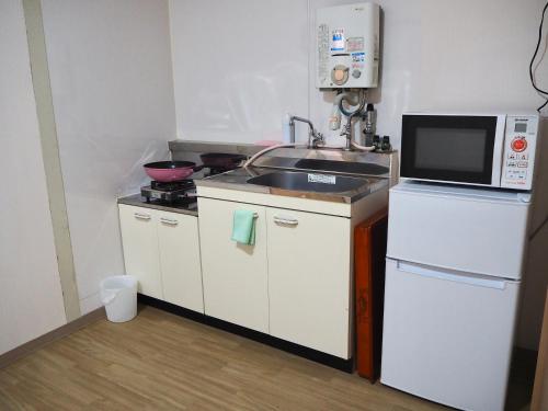 大阪UNE apartment hotel 大阪なんば的一间带水槽和微波炉的小厨房
