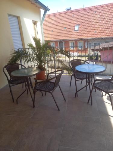 吉贝尔施塔特Katjas Ferienwohnungen的庭院里一组桌椅