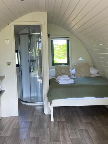 基尔代尔Kildare countryside pods的一间卧室配有一张床,一间设有淋浴。
