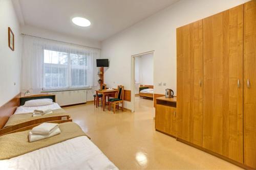 伊沃尼奇-兹德鲁伊沃兹德鲁度假村的一间卧室配有两张床、一个水槽和一张书桌
