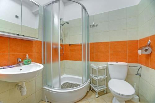 伊沃尼奇-兹德鲁伊沃兹德鲁度假村的带淋浴、卫生间和盥洗盆的浴室