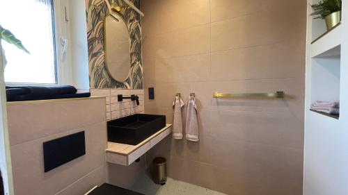 巴特哈尔茨堡Malis-Ferienhaus的一间带水槽和镜子的浴室