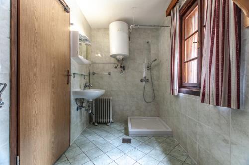 GoreljekMala koča Wooden Cabin的一间带水槽、淋浴和卫生间的浴室