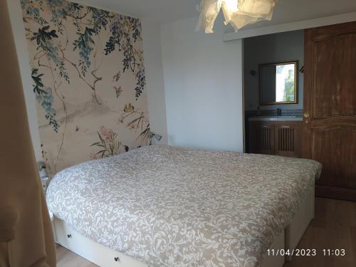 普罗旺斯艾克斯la maison de josy的一间卧室配有一张带花卉壁纸的床