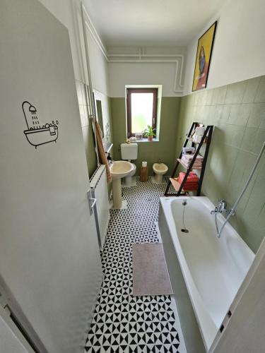波斯托伊纳The Green Door Apartment的带浴缸、卫生间和盥洗盆的浴室